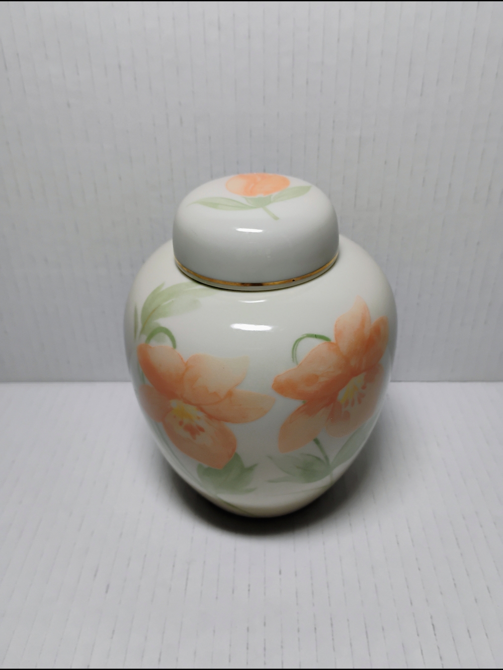 Porcelain Floral Ginger Jar in Peach and Green with Gold Trim